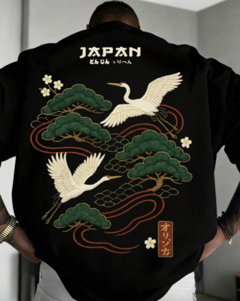 Men’s Japanese Crane Graphic T-Shirt – Minimalist Short Sleeve