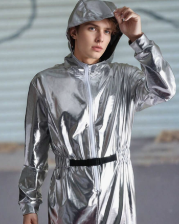 Men’s Metallic Silver Hooded Jumpsuit – Futuristic Statement Wear