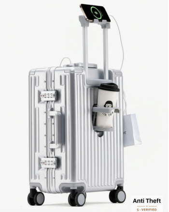 Smart Carry-On Suitcase with Phone Charger & Cup Holder